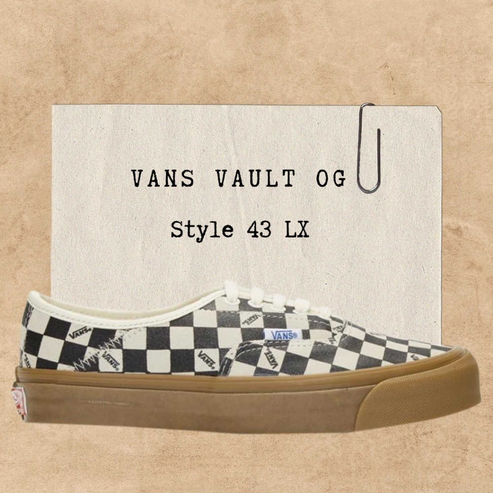 Vans Vault OG Style 43 LX Suede Black White Checkerboard Logo Light Gum Men's